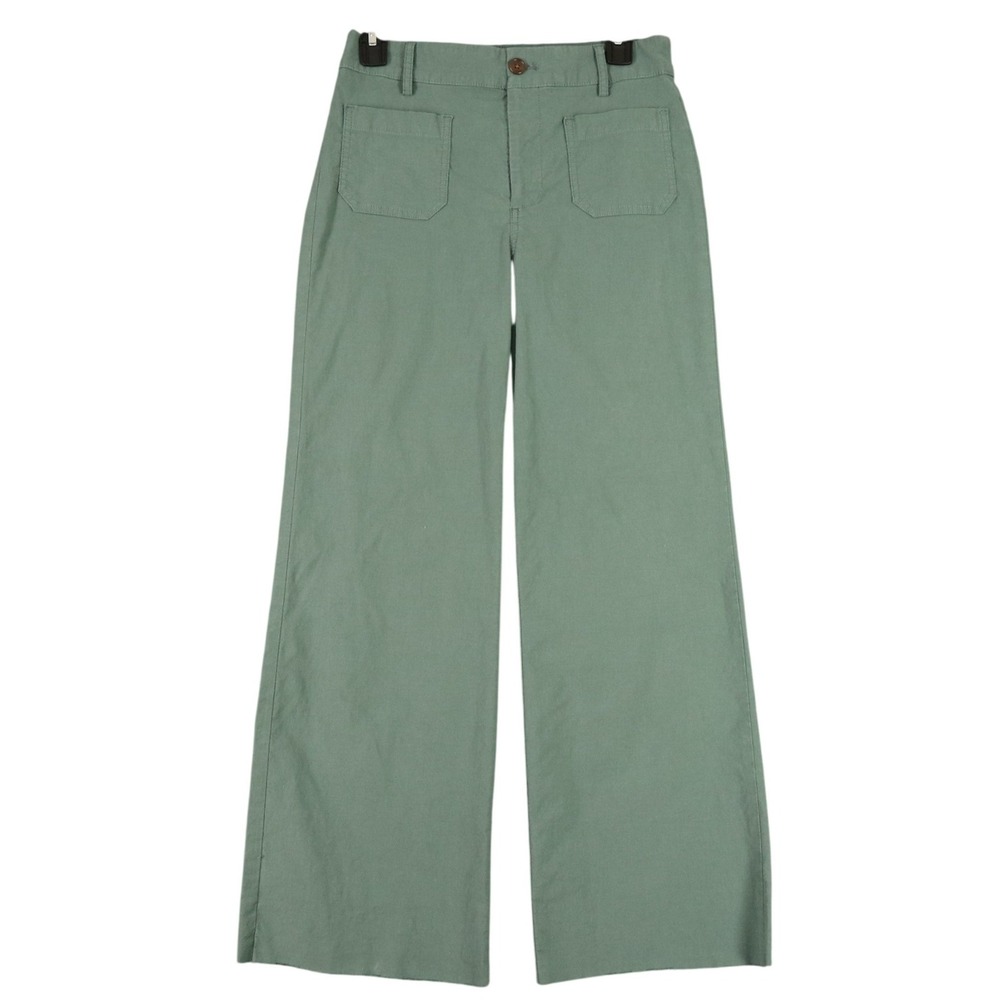 J.Crew Wide Leg Pants Womens 26 Green Linen Blend Raw Hem High Rise Office Chic